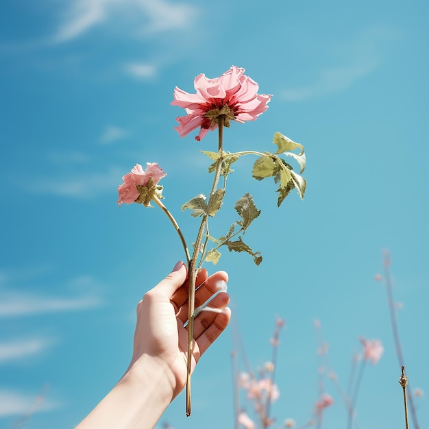 空を背景に手に持った花