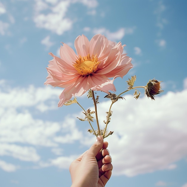 Flower held in hand against the sky