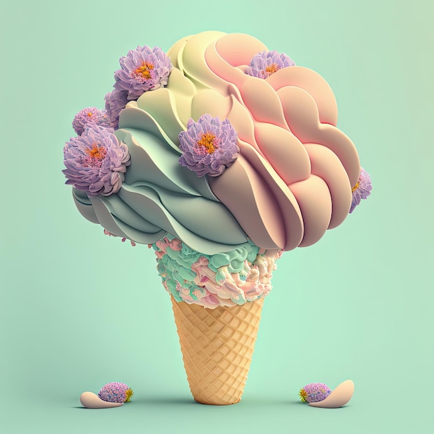 Flower ice cream in waffle cone AI