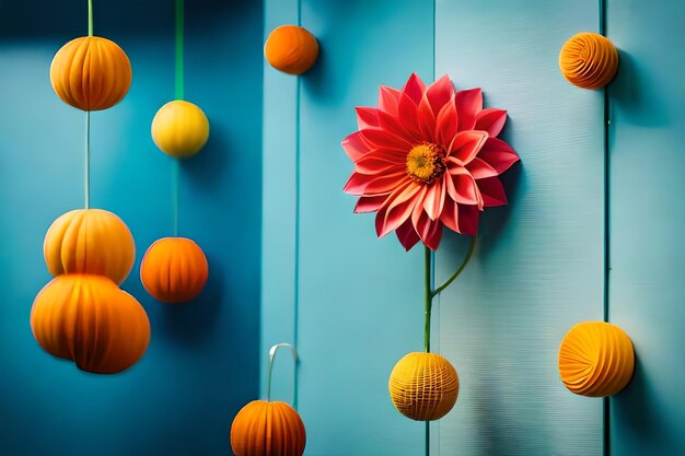 Foto un fiore è su una parete blu con zucche arancioni.