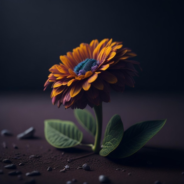 A flower is on a dark surface with a dark background.
