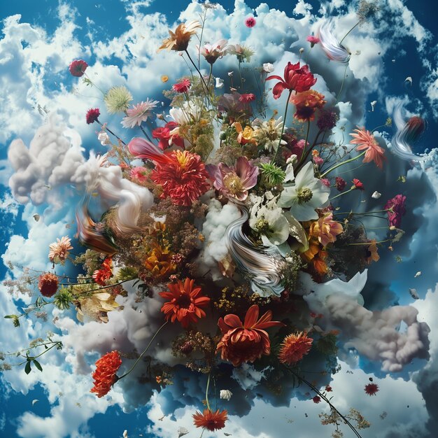 a flower is floating in the sky and the clouds are floating in the sky