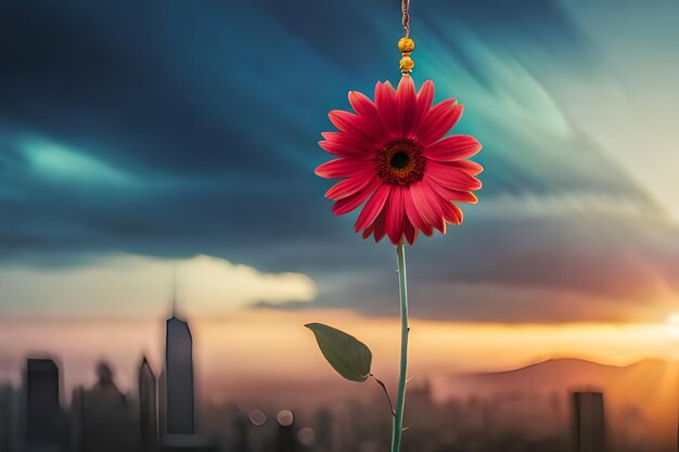 Photo a flower is in front of a cityscape