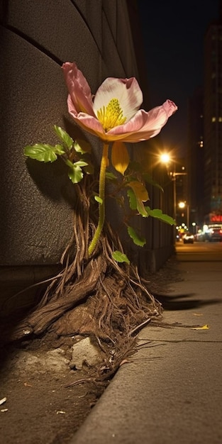 A flower is growing out of a crack in the sidewalk.