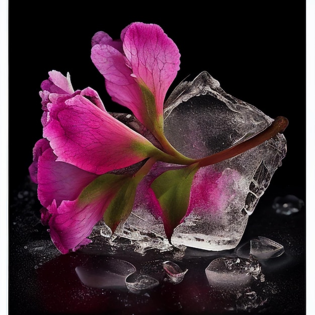 A flower is laying on an ice cube with ice cubes and a flower on it.