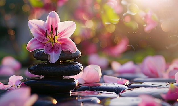 a flower is placed on a rock with the sun shining through the leavesSpa still life with zen stones