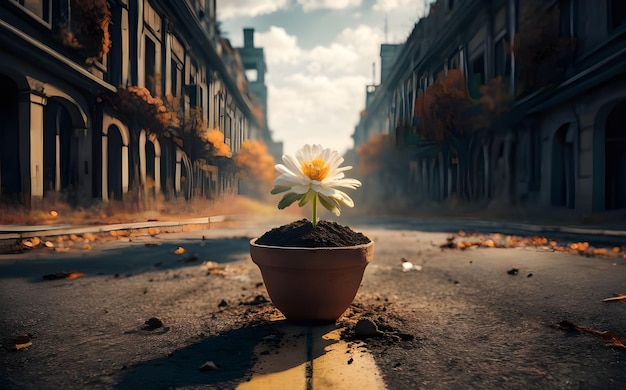 a flower is in a pot on the street