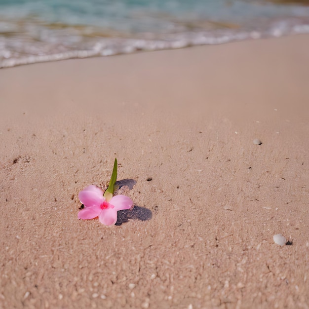 a flower is on the sand at the beach