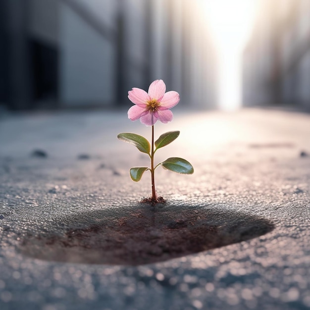 Foto un fiore sta spuntando da un buco nella strada