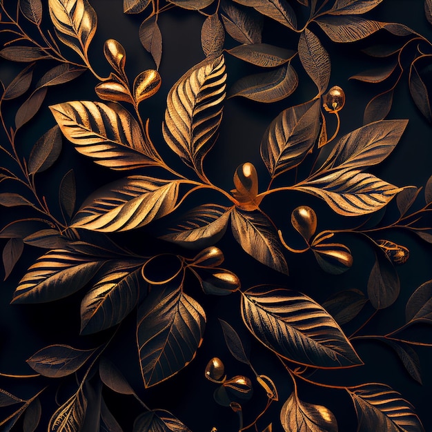 Flower and leaf black and gold illustration background