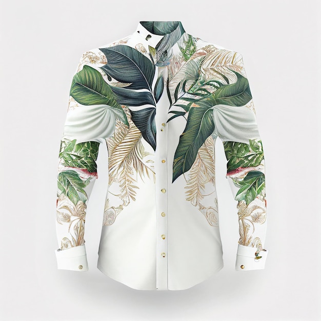 제너레이티브 AI 기술로 생성된 격리된 배경의 흰색 셔츠에 꽃과 잎 인쇄