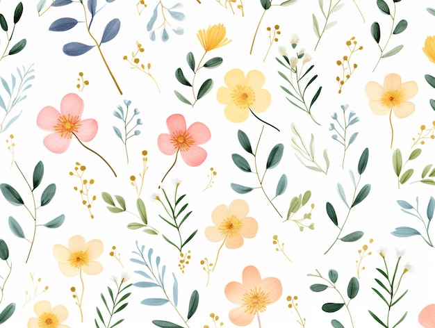 Flower and leaves pastel watercolor seamless pattern