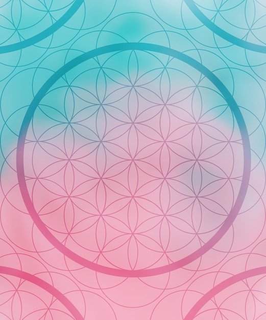 Photo flower of life on abstract background pink and blue mandala