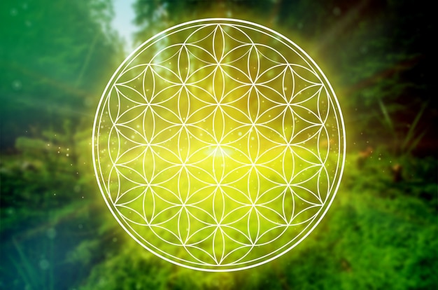 Flower of life symbol in a cosmic field of glowing light