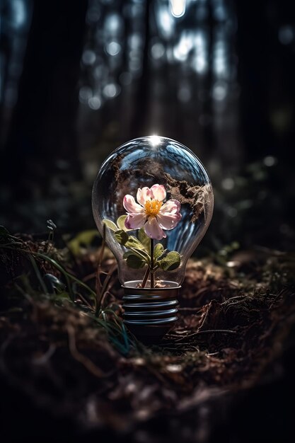 A flower in a light bulb in the woods