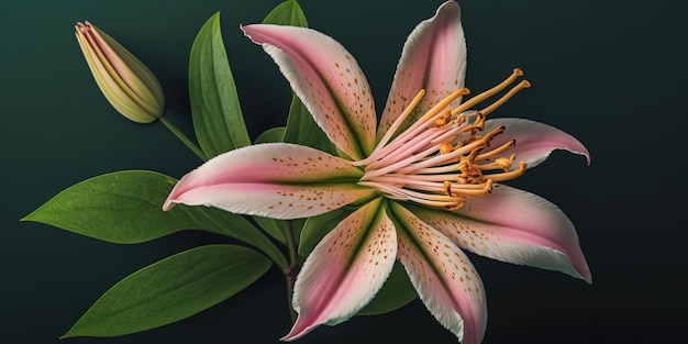 Flower of the lily plant seen from above its soft pink petals are shown out against a green backdrop