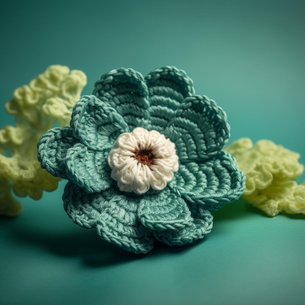 A flower made of yarn with a blue background.