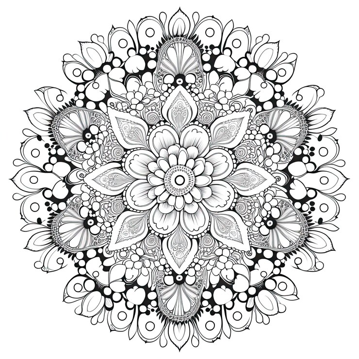 Photo 本ページを着色するための花曼荼羅の概要図 子供と大人のための着色カード ジェネレーティブ ai