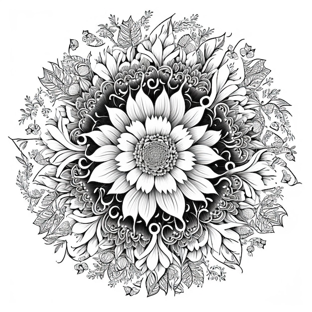 Flower Mandala outline illustration for coloring book page Coloring card for kids and adults Generative AI