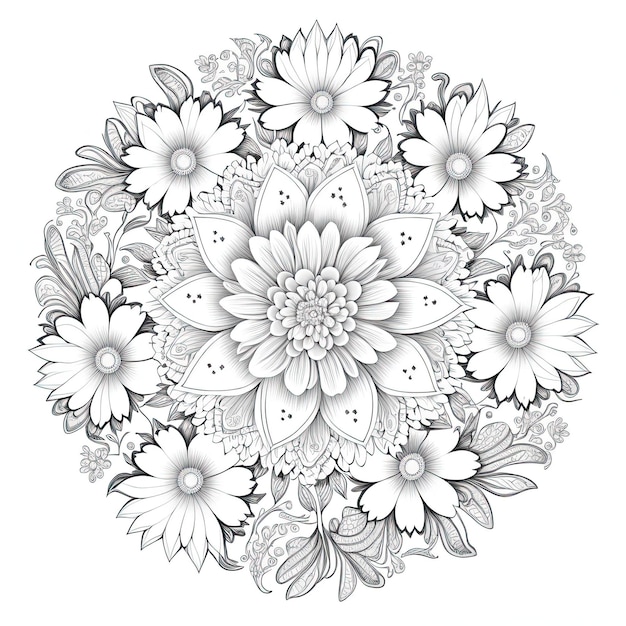Flower Mandala outline illustration for coloring book page Coloring card for kids and adults Generative AI