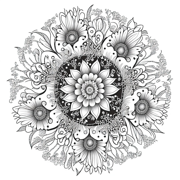 Flower Mandala outline illustration for coloring book page Coloring card for kids and adults Generative AI