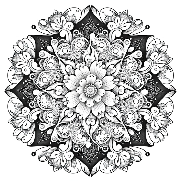 Flower Mandala overzichtsillustratie voor het kleuren van de fotoboekpagina Kleurkaart voor kinderen en volwassenen Generatieve AI