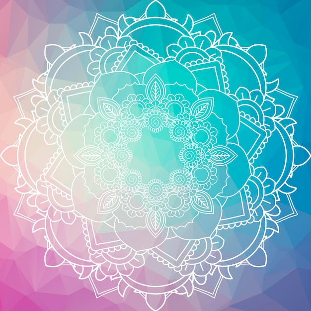 Flower mandala. vintage decorative elements. oriental pattern,\
over low poly background. islam, arabic, indian, moroccan,spain,\
turkish, pakistan, chinese, mystic, ottoman motifs. colorful book\
page