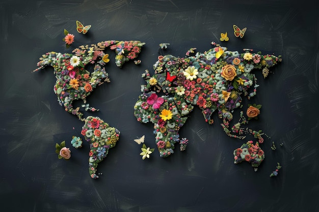 Карта цветов Карта мира, сделанная из цветов на темном фоне