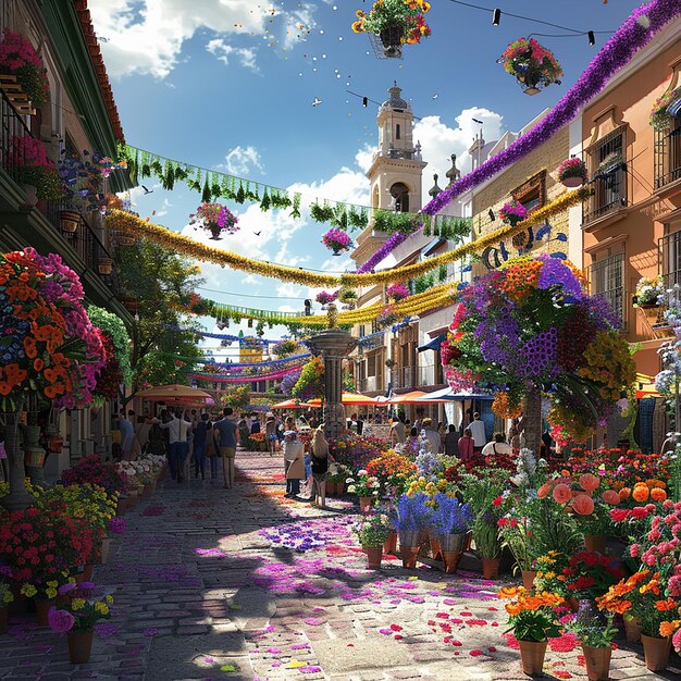 Photo a flower market with a clock on the top of it