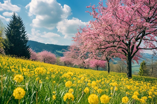 写真 春の花の草原と木々