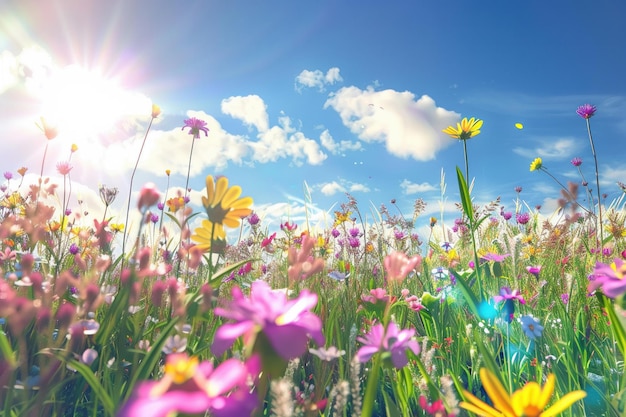 A flower meadow in spring on a sunny day