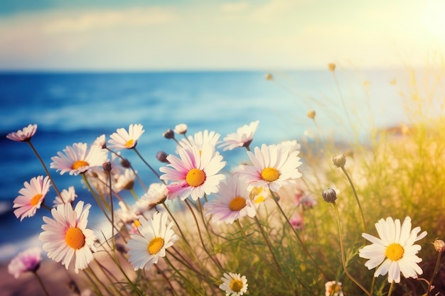 Flower meadow with daisies in sunlight closeup summer background ai generated