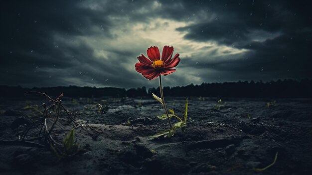 A flower in the middle of a field with a dark sky