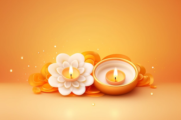 flower oil lamp illustration on Happy Diwali blank background