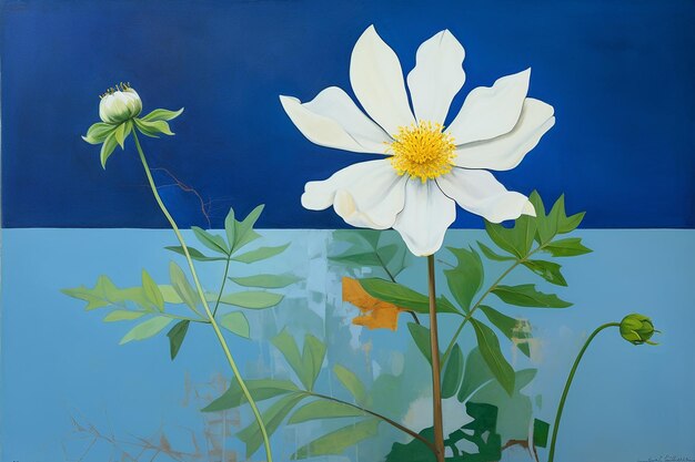 Photo a flower painting with a blue background and white flowers