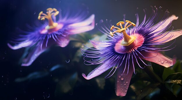 Foto fiore passiflora sullo sfondo estate estate luminosa fiori freschi con gocce di rugiada nella nebbia sfocata fiore ba