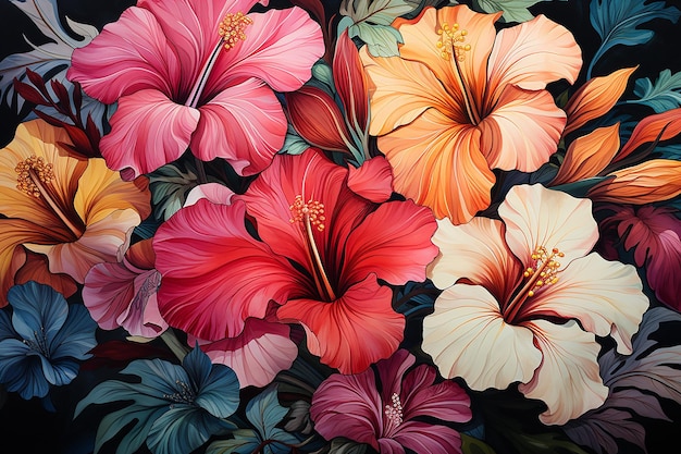 Flower Pattern with Tropical Blooms Painted in Watercolor