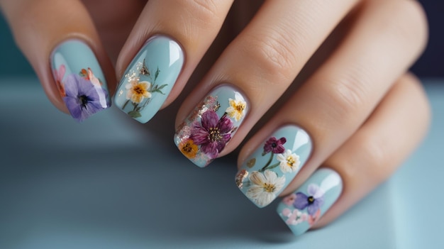 Flower pattern woman manicured nails Generative AI