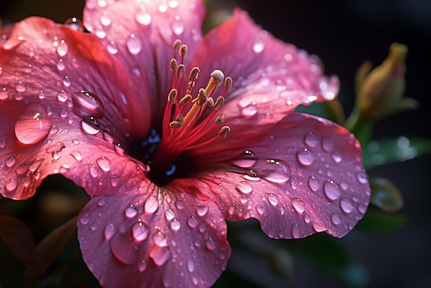 A flower on the petals of which are drops of water