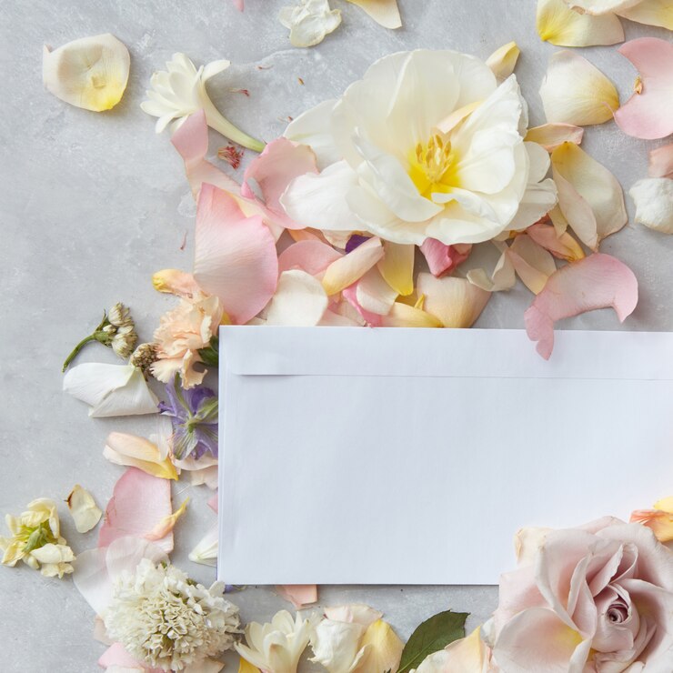 Photo 白い封筒とコンクリートの背景にテキストのための場所を持つ花びら、平らな横たわっていた