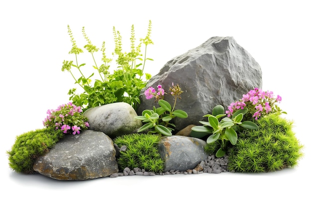 白い背景の庭園のデザインのための花の植物と岩