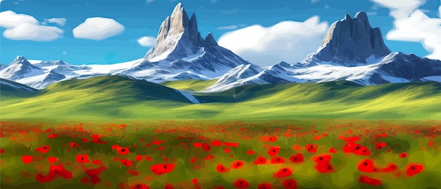 Flower poppy meadow in spring at the foot of a mountain range banner vector illustration poppies beautiful slopes