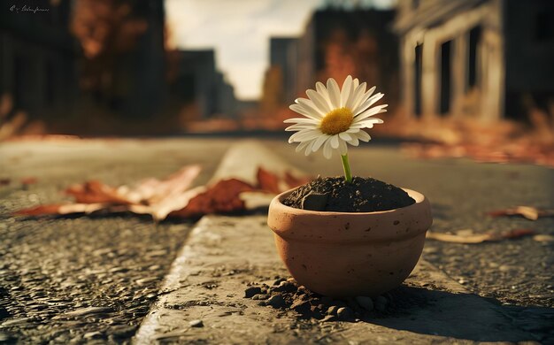 a flower in a pot on the side of a road