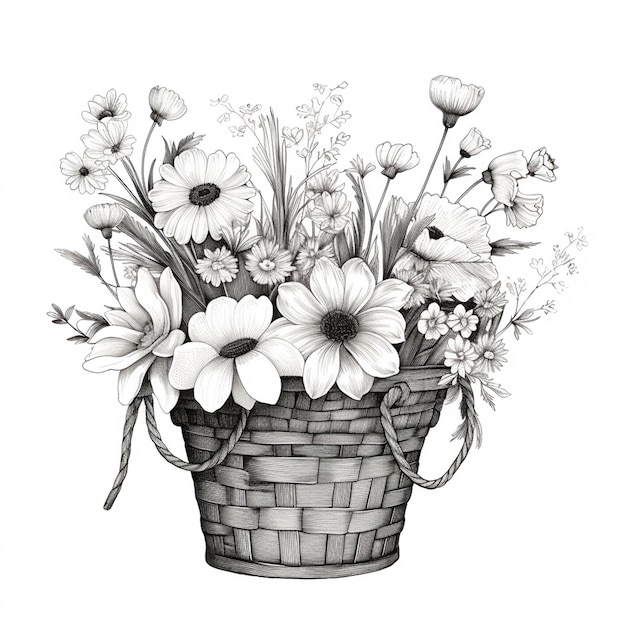 Basket with flowers hand drawn sketch doodles vector design elements  isolated on white background vector illustration  CanStock