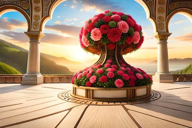 美しい風景を背景にした植木鉢。