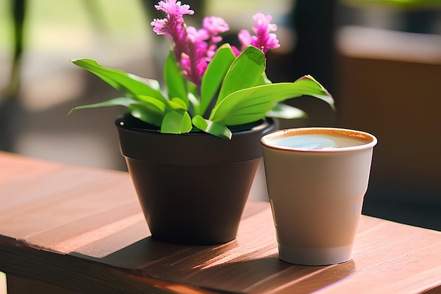 flower pot with coffee cup on the wooden table