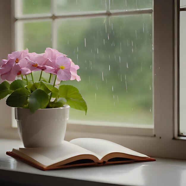 a flower pot with a flower in it sits on a window sill