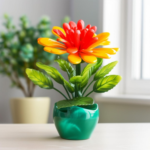 Цветочный горшок с зеленым растением и зеленая ваза с красным и желтым цветком.