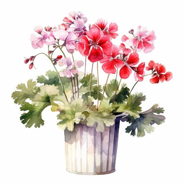 A flower pot with red and pink geraniums in a white background