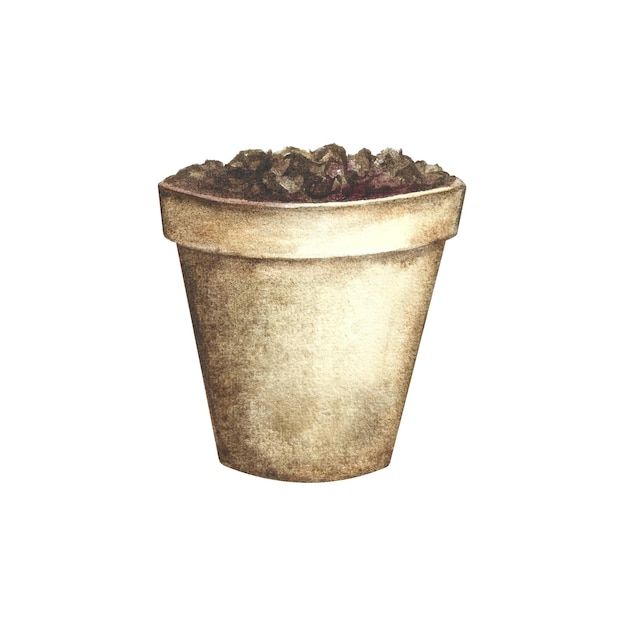 Flower pot with soil. Watercolor illustration.